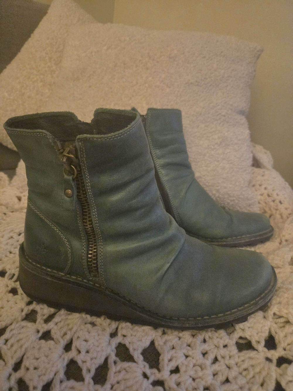 Fly London Green Leather Side-Zip Ankle Booties